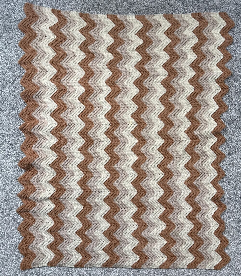 Vintage Handmade Knitted Chevron Throw Blanket 39x46 Cabincore Cozy 70s Inspired